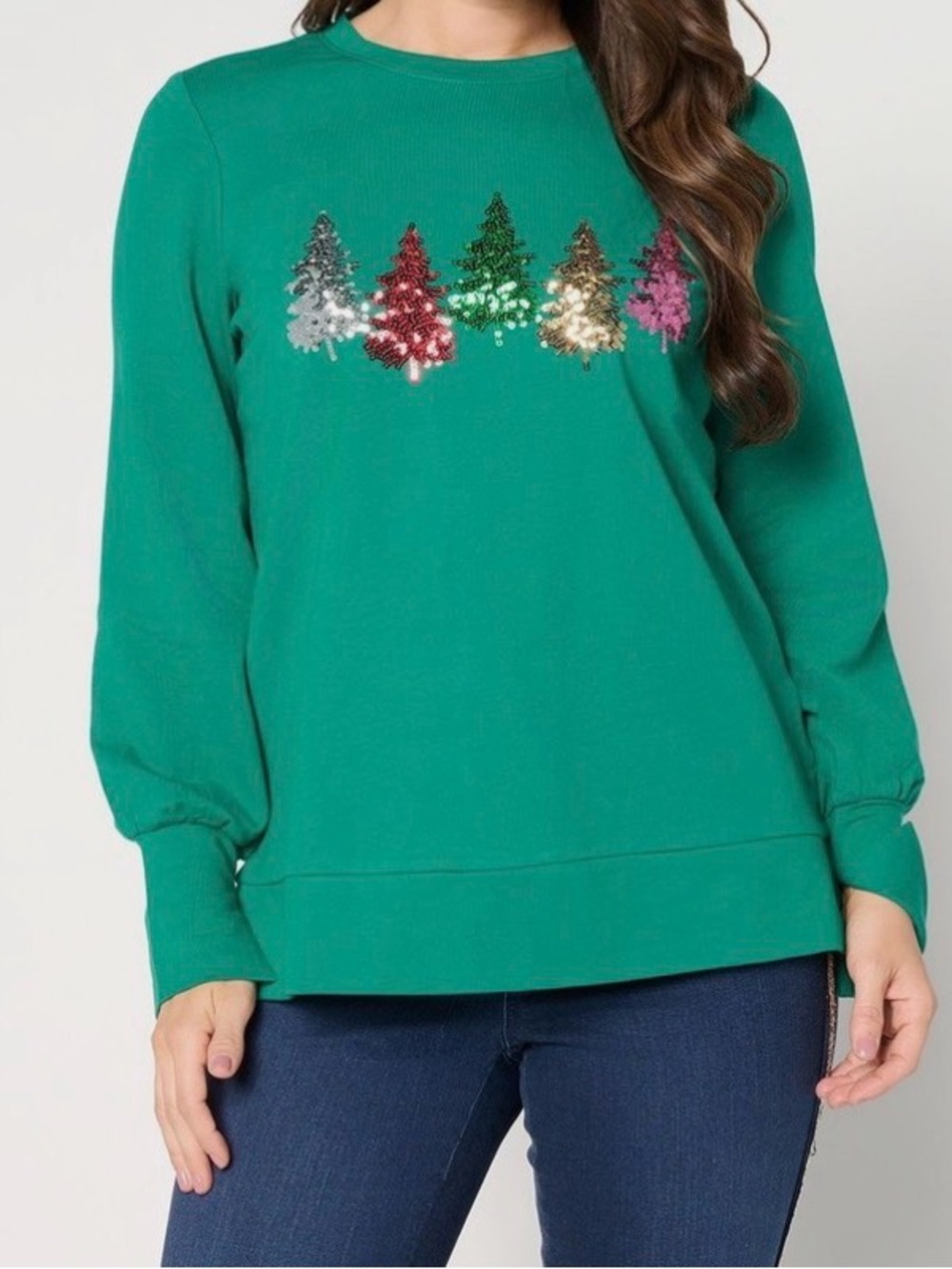 New Jingle Belles by Kim Gravel Sequin Christmas Tree Knit Top Green size XS